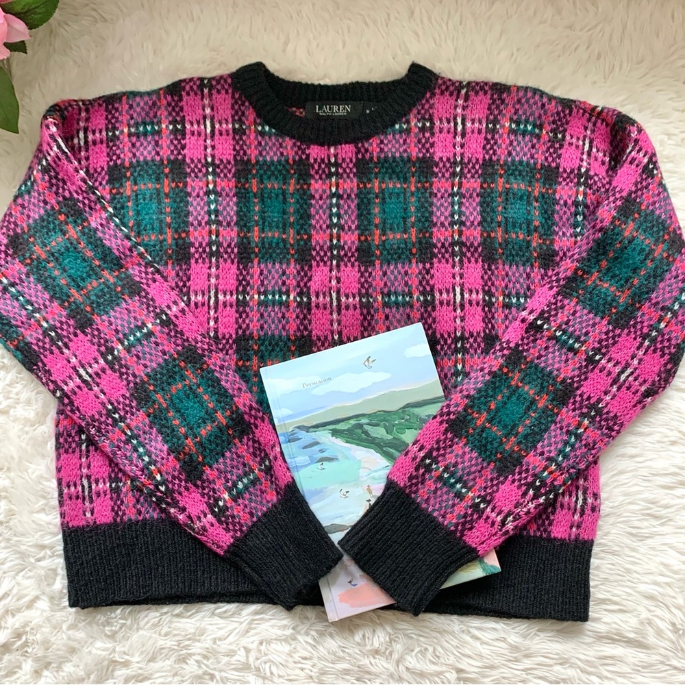 Ralph Lauren Black Label Pink Multi Plaid Wool Alpaca Cropped Sweater MED